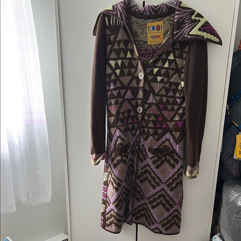 Kooi-Knits fun and funky Brown and Purple Geometric Coat.  80% Lambswool.